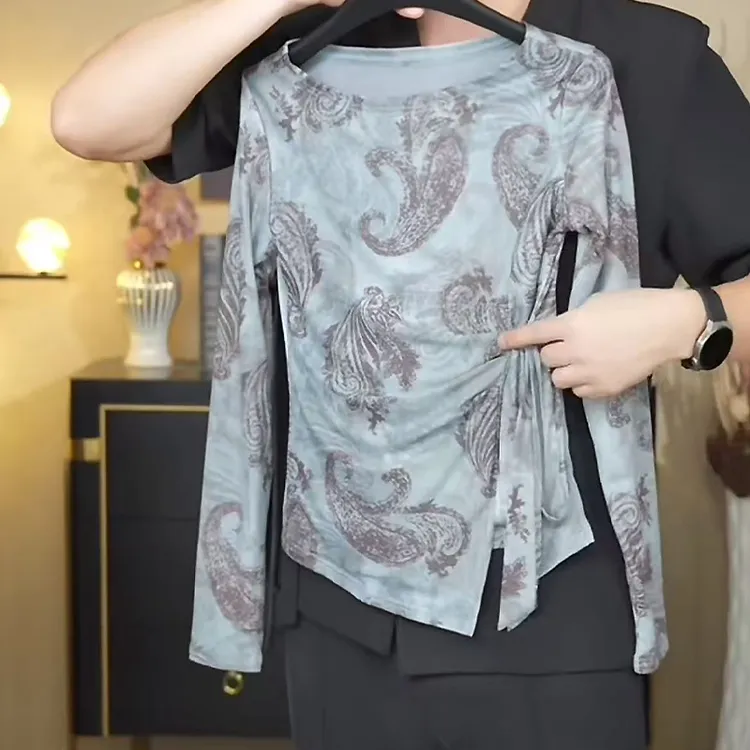 【观梦青佩】秋冬新款腰果花印花蝴蝶绑带T恤女打底衫气质潮流洋气