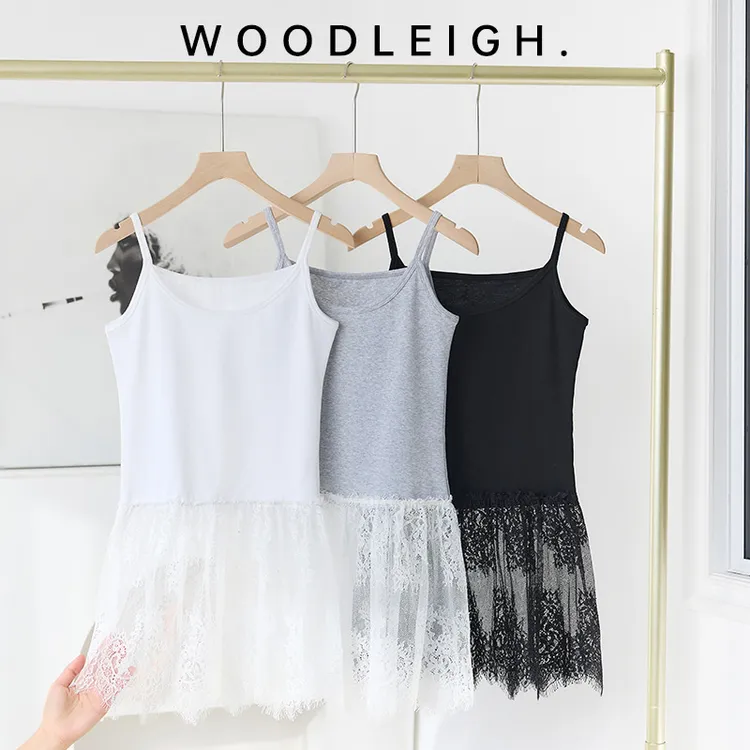 秋冬新款全棉奥戴尔吊带拼接蕾丝打底内搭背心遮跨显瘦中长连衣裙