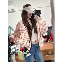 HandSeven粉色条纹连帽早秋新款韩系宽松卫衣外套女百搭开衫上衣