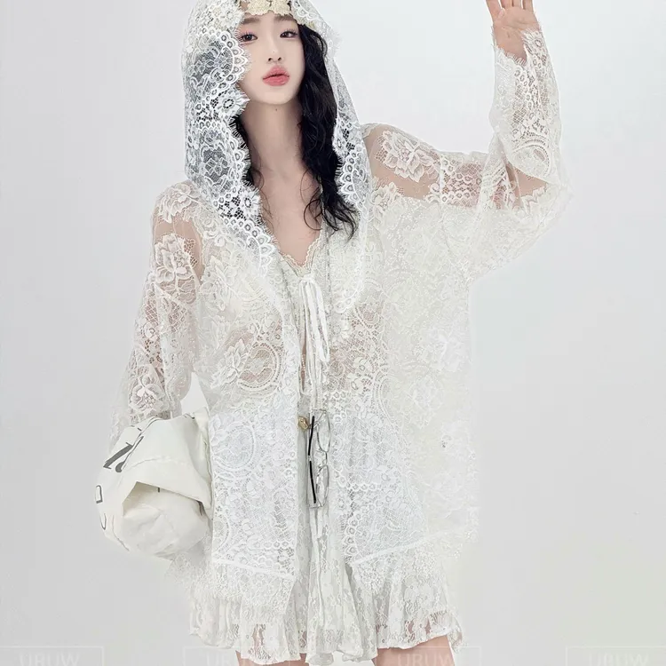 夏季荷叶边防晒刺绣连帽蕾丝衫喇叭袖超仙公主范薄款性感洋气外搭