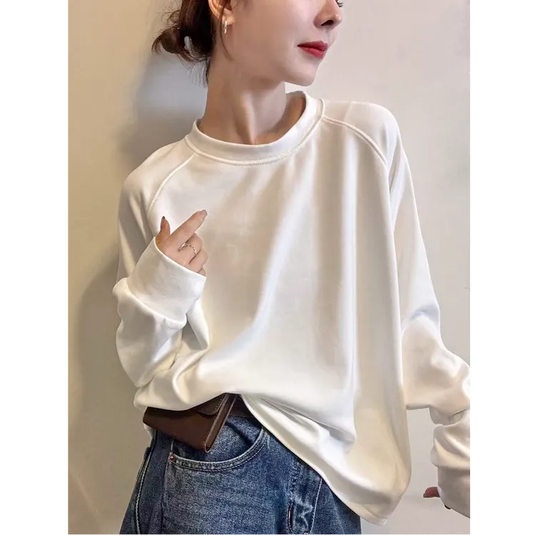 白色上衣女纯棉秋冬加厚加绒气质女士打底衫韩版慵懒松弛长袖t恤