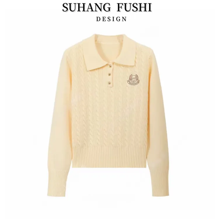 学院风麻花刺绣polo领毛衣女新款韩系套头显瘦针织打底毛衣女