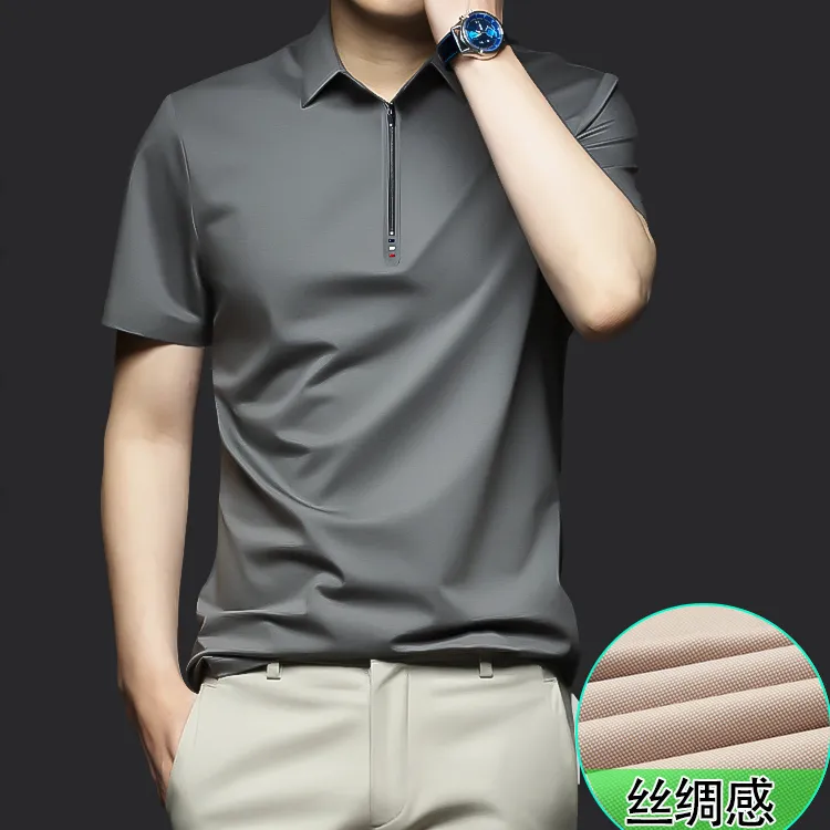景君澜-高级感男夏季冰丝短袖拉链时尚都市商务休闲修身型POLO衫
