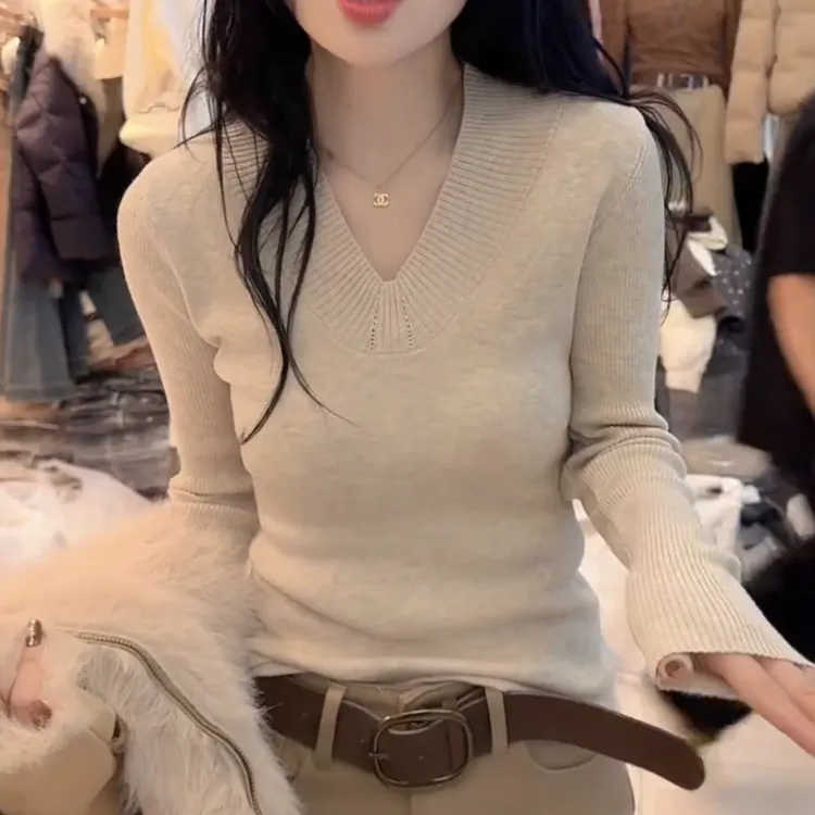 冬季韩版新款时尚百搭显瘦针织V领毛针织衫上衣LK2508275