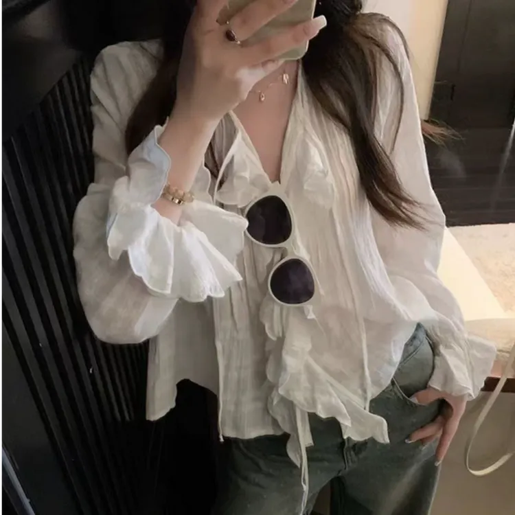 高端货~荷叶边格子绣花设计感小衫女夏薄款防晒空调衫气质白衬衣