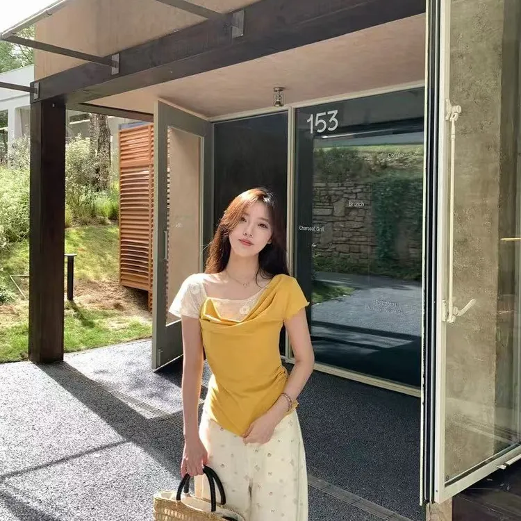 2025夏季新款韩版时尚百搭显瘦不规则裙摆设计感荡领短袖T恤女