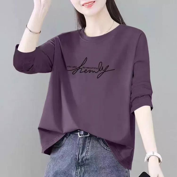 纯棉长袖t恤女宽松显瘦2025秋季新款韩版上衣休闲大码胖mm体恤衫