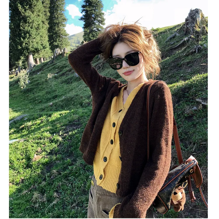 早秋美拉德假两件毛衣开衫女秋冬度假风宽松慵懒风针织衫上衣外套