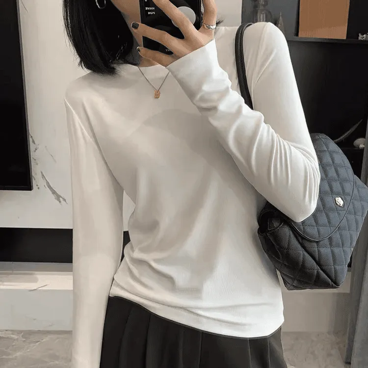 2025年春秋韩版百搭圆领修身内搭纯色打底衫女装白色长袖T恤00545