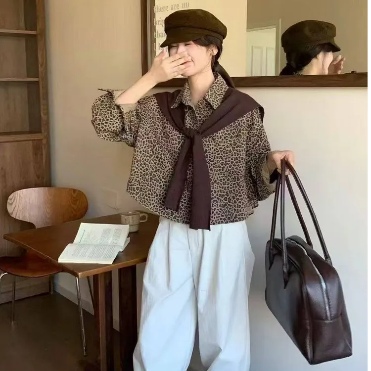 拉夏贝尔韩版披肩豹纹衬衫上衣女2025秋季新款设计感小众长袖外套