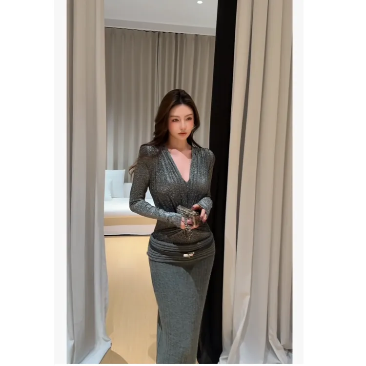 美式辣妹显瘦修身收腰V领长袖上衣女2025秋冬新款显瘦半身裙套装