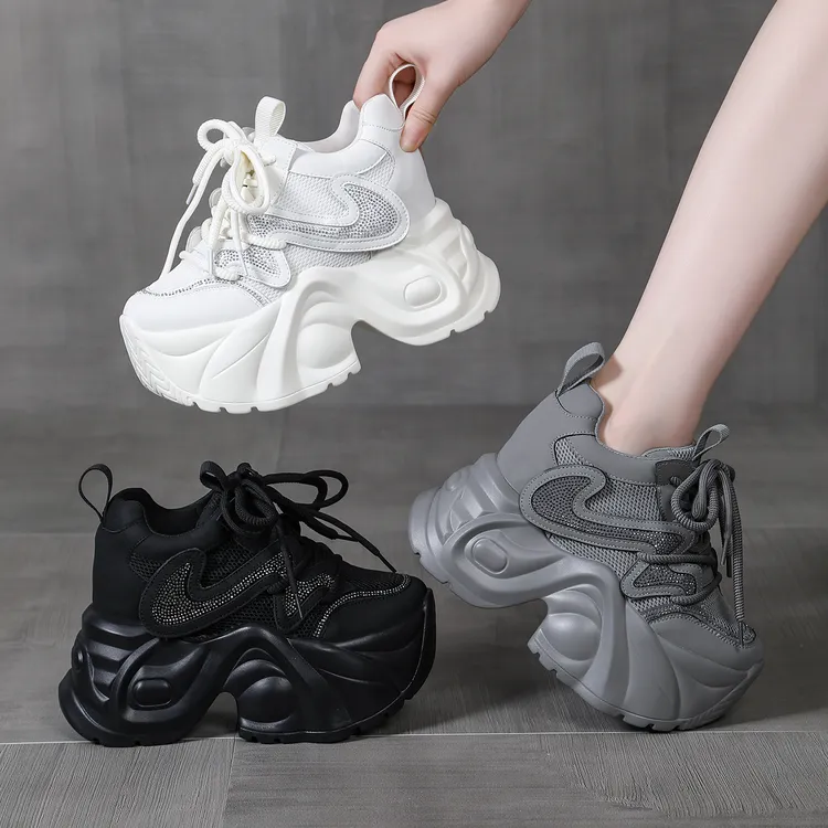 【跟高10厘米】厚底内增高水钻老爹鞋女鞋2025秋季新款小白鞋休闲鞋