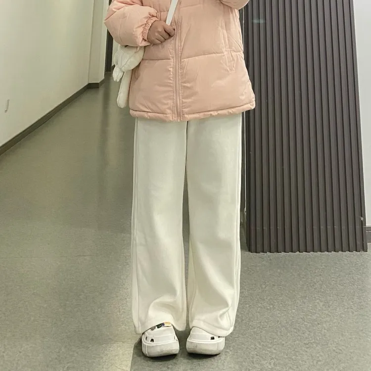 冬季米白色松紧腰厚款加绒细条纹胖mm直筒裤200斤遮肉显瘦阔腿裤