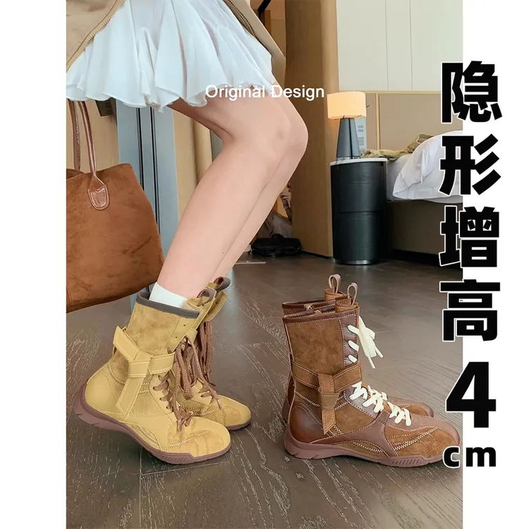 复古拳击靴内增高马丁靴女2025新款小众西部风绑带短靴百搭厚底女