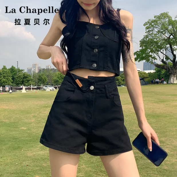 拉夏贝尔黑色牛仔短裤2025新款夏季弹力高腰显瘦宽松阔腿热裤时尚