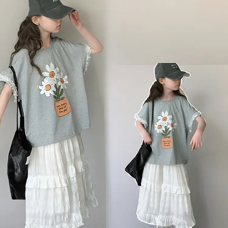 女童夏季套装儿童半身裙洋气短裙设计感时髦中大童宽松纱裙甜美