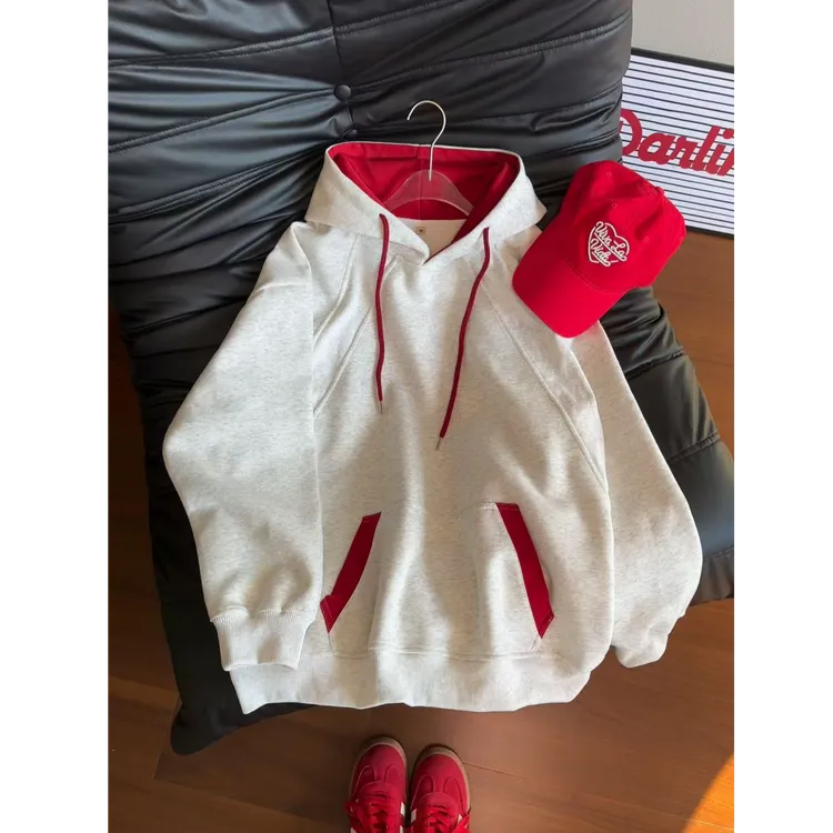 美式oversize白花灰撞色连帽斜切套头卫衣秋季情侣设计感慵懒外套