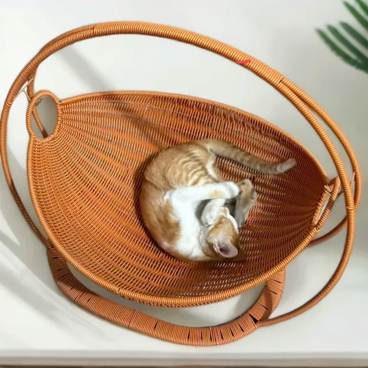 猫咪吊篮秋千造型水果篮简约复古可爱收纳摆件纯手工编织仿藤摇篮
