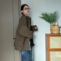 橘子罐头秋冬新款百搭宽松复古韩版ins情侣拼接立领棉服外套