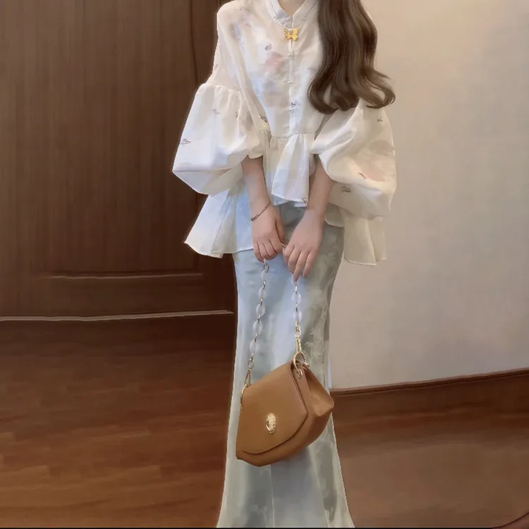 春季温柔仙气超显瘦禅意套装新中式宽松开衫上衣女蓝色半裙两件套