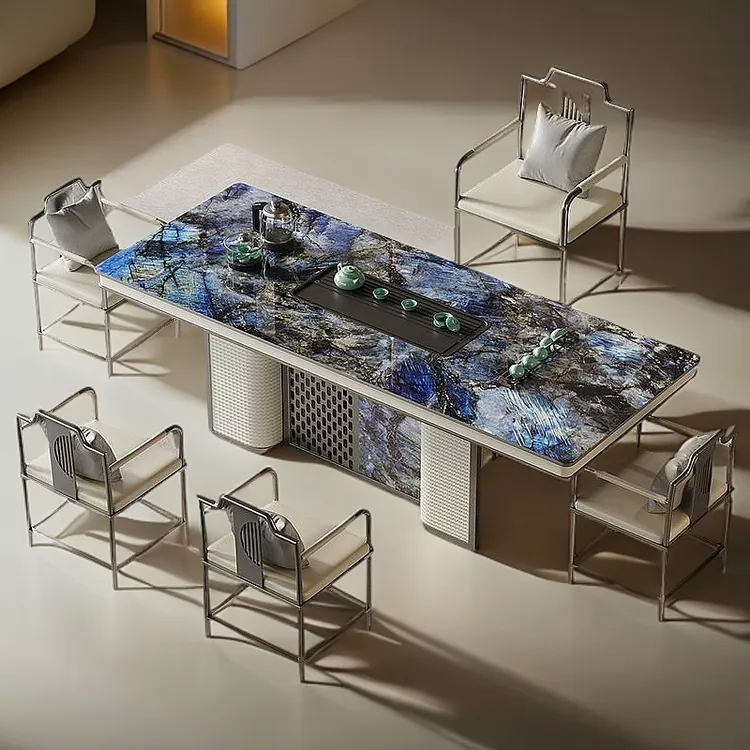 蓝宝石岩板茶台桌现代茶桌椅组合办公室茶桌轻奢大板桌功夫泡茶台