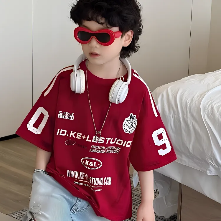 男童短袖红色T恤2025新款儿童韩版纯棉上衣潮酷炸街体恤夏季嘻哈