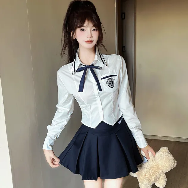 学院风jk套装辣妹制服长袖领结衬衫高腰百褶短裙半身裙两件套女秋