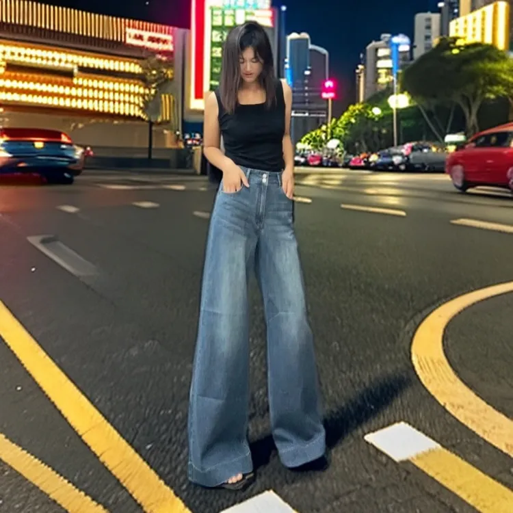 @设计感时尚高个子180复古蓝秋季高腰宽松直筒显瘦休闲阔腿牛仔裤