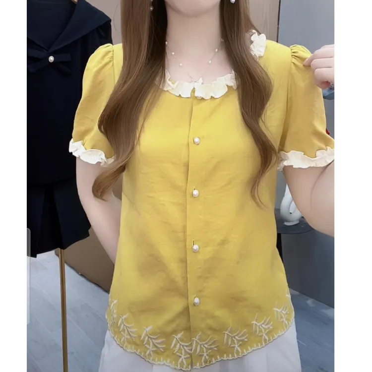 夏季短袖衬衫气质花边领2025时尚百搭纯色宽松新款休闲显瘦女上衣