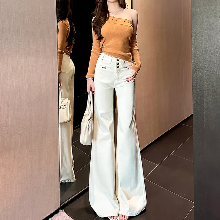 米白色高腰不贴腿喇叭牛仔裤女2025秋季新款宽松显瘦重工垂感拖地