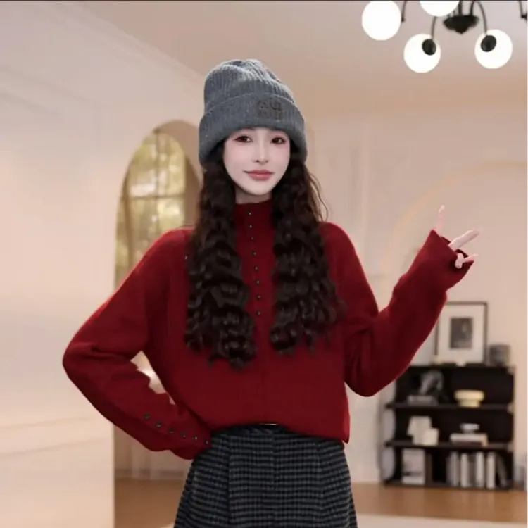 多扣立领韩版半高领毛衣女新款百搭套头长袖针织衫百搭时尚针织衫