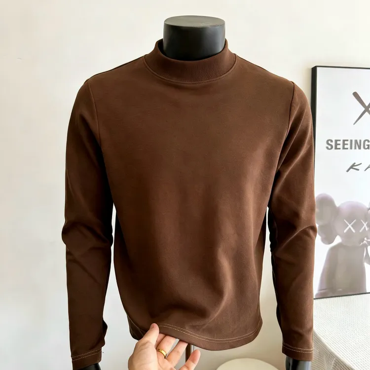 初棉先生纯色【半高领】双面德绒上衣打底衫秋冬长袖男士修身版内搭