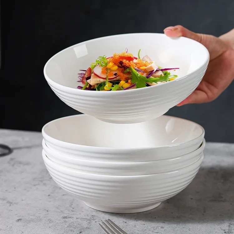 7英寸纯白横纹碗陶瓷4只装牛肉面餐具套装碗家用大碗创意商用简约