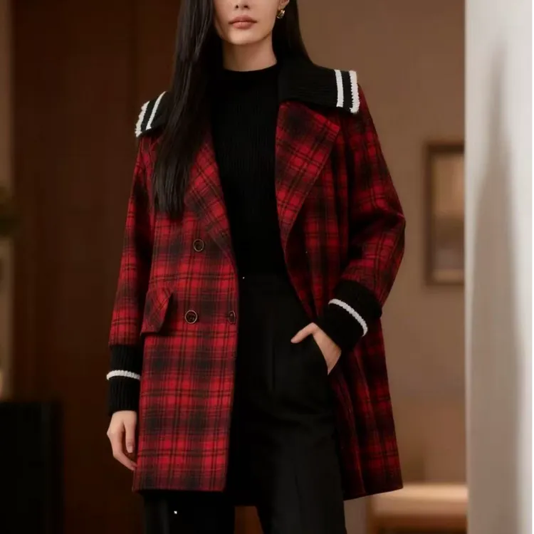 S186 直下摆格子秋冬休闲风女女士保暖格纹夹克毛呢外套