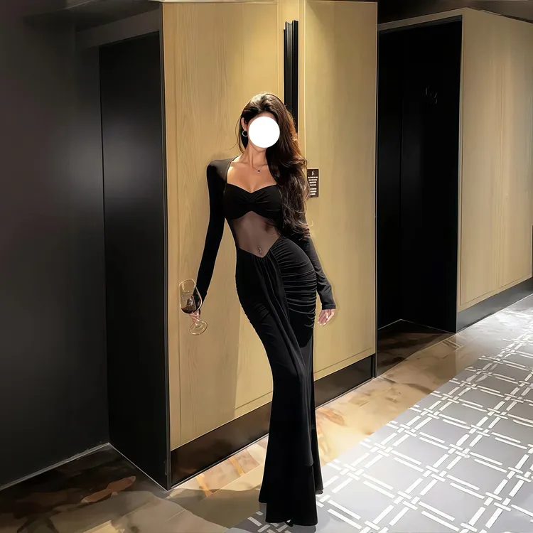 GirlsAt18 性感纯欲辣妹网纱拼接秋冬打底连衣裙修身显身材长裙