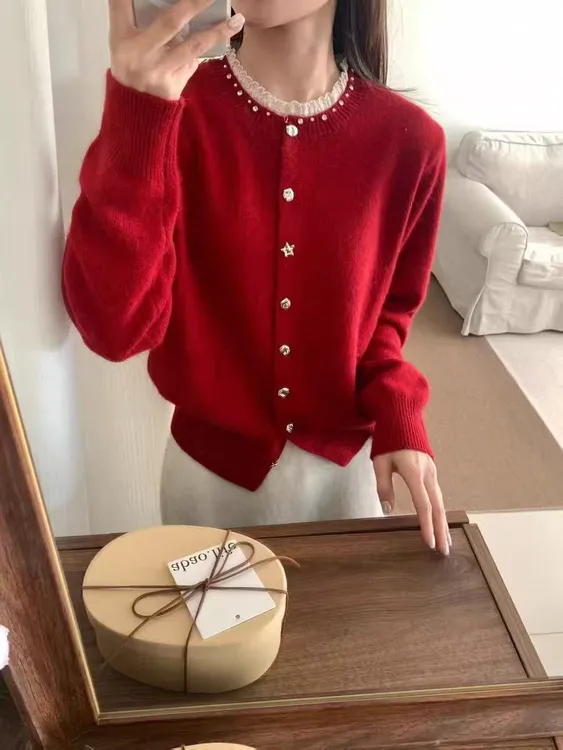100%纯羊毛钉珠红色毛针织衫气质秋冬女冬季红色纯羊毛女毛衣