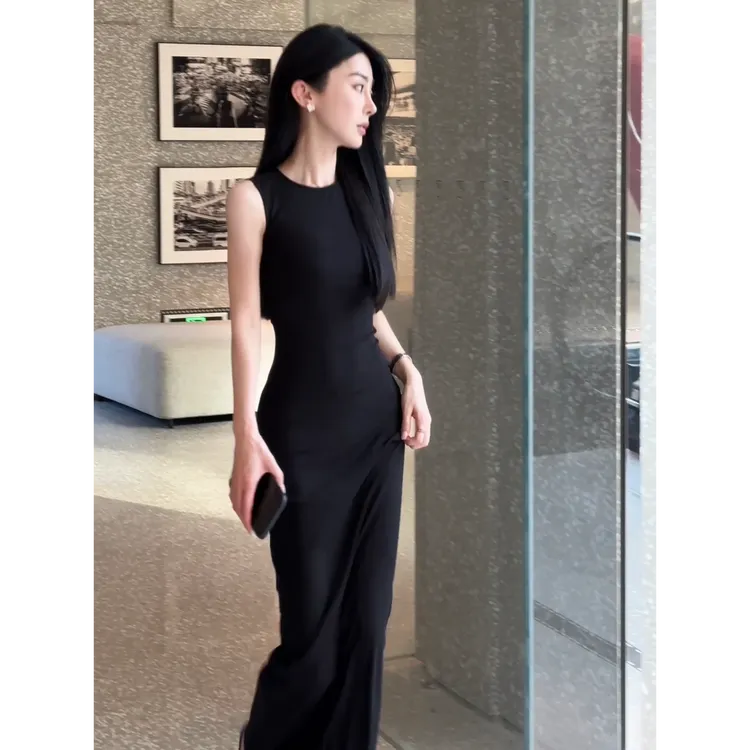 法式气质名媛风夏季紧身包臀长裙黑色修身无袖长款连衣裙女显瘦
