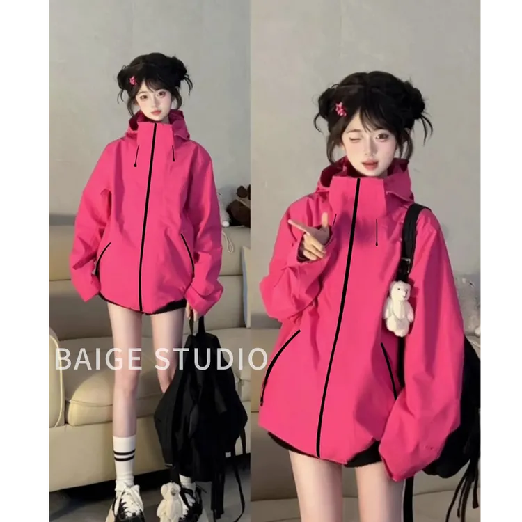 玫红色冲锋衣女款2025新专业锁温三合一抗寒户外外套北疆旅游登山