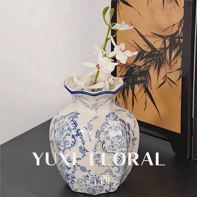 YUXI/与西古风青花瓷陶瓷花瓶摆件客厅玄关装饰品新中式芍药插花