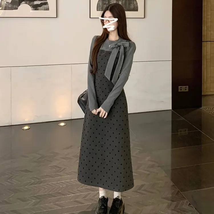 韩国小镇~假两件灰色连衣裙子女秋冬季25新款长裙高级感穿搭