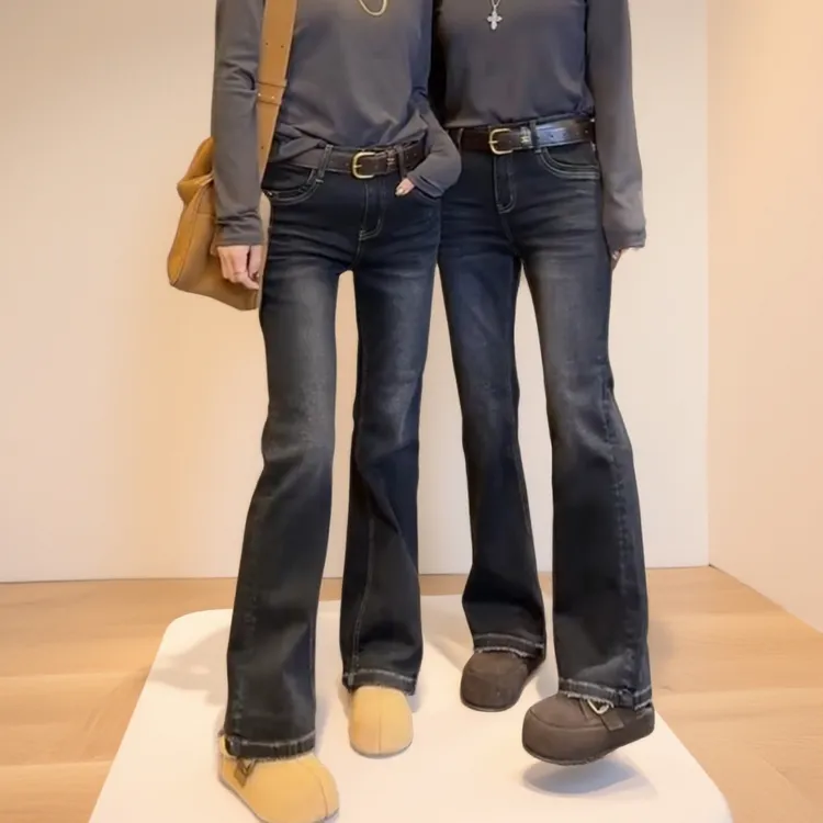 2025秋季新款黑灰复古百搭窄版牛仔马蹄裤大码女装高腰显瘦喇叭裤