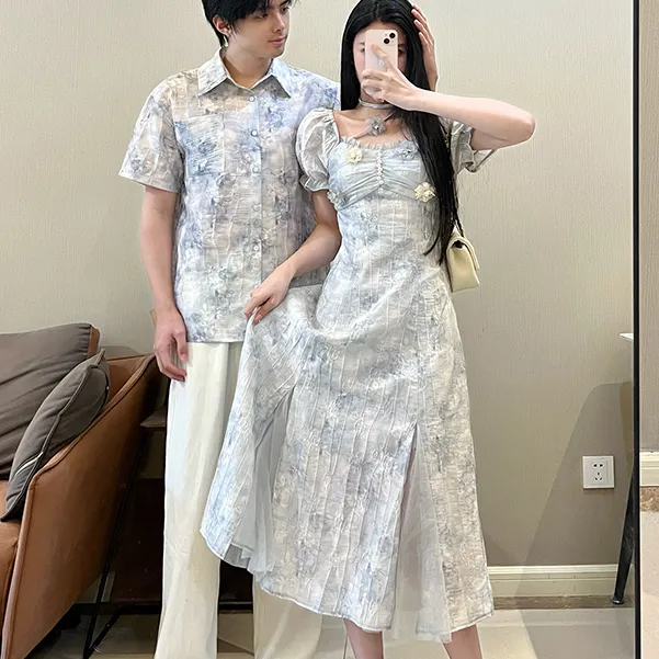 情侣装夏季烟云雾蓝气质立体花朵海边度假印花收腰连衣裙男衬衣潮