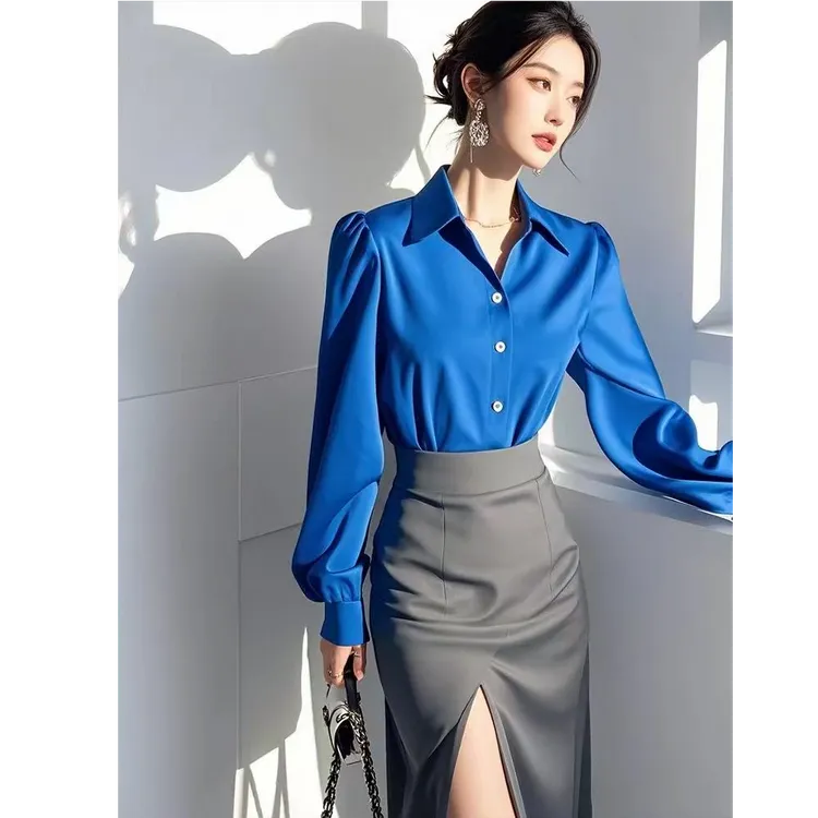 蓝色衬衫女设计感小众气质夏季新款别致复古港风chic宽松上衣套装