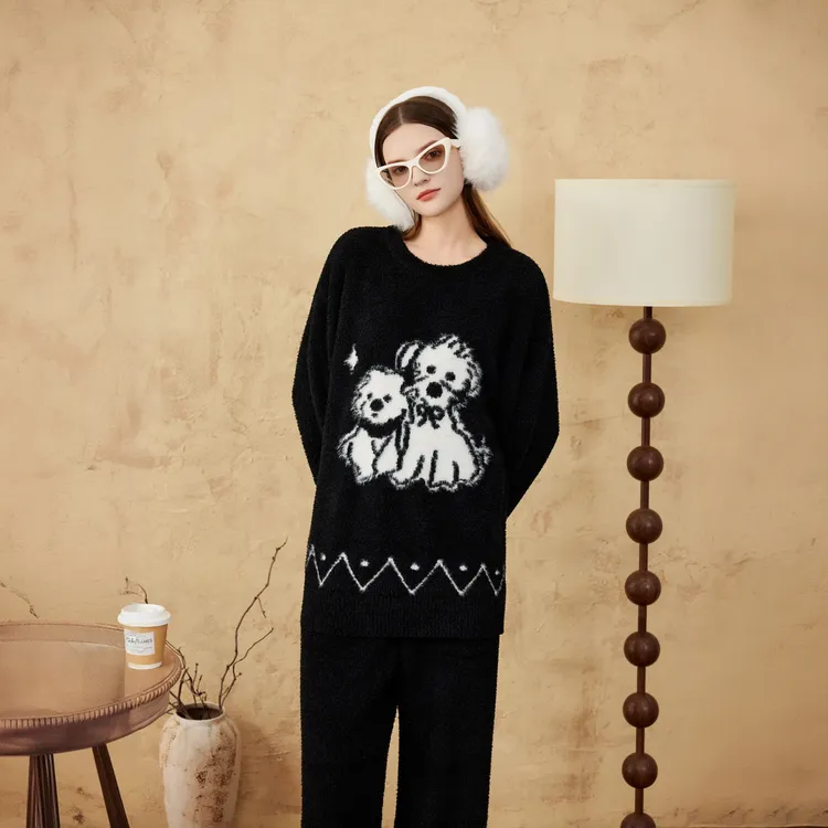 半边绒黑色套头厚款保暖女不起球睡衣家居服套装卡通家居服秋冬