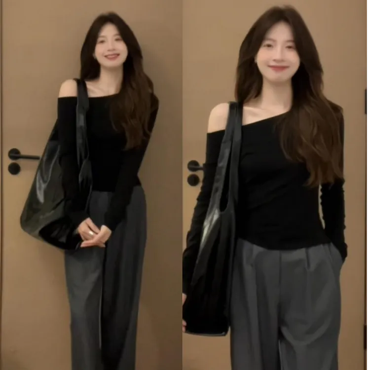 黑色不规则斜肩T恤女2025年早秋新款露肩螺纹棉韩系穿搭chic上衣