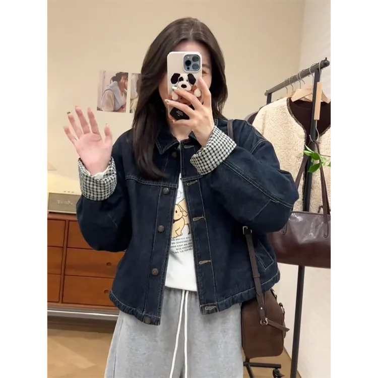 新款小个子设计感爆款加厚拼接爆款牛仔短款外套女装春秋流行上衣