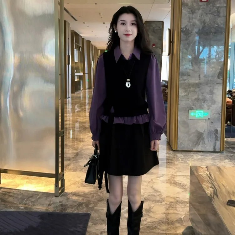 2025秋冬新款韩系小香风洋气衬衫马甲外套高腰半身短裙三件套装女