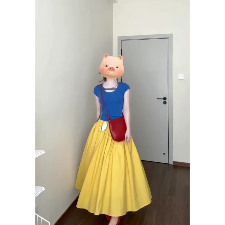 MARIE.COCO高级感一整套大方得体穿搭蓝色上衣黄色A字半身裙套装