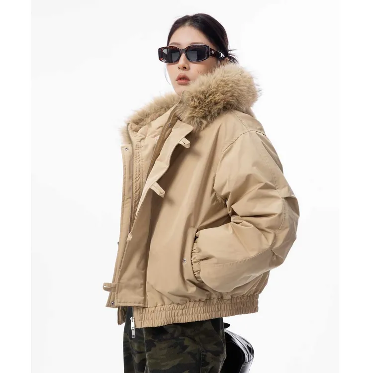 HSNH【加厚牛角扣毛领棉服】冬季厚款宽松型拉链短款休闲连帽棉外套