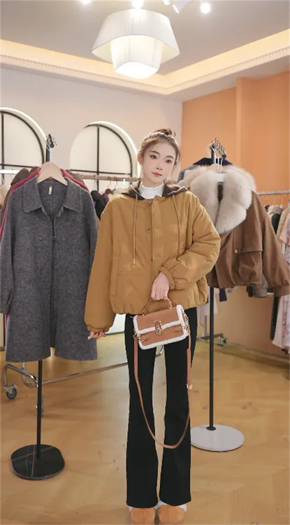 韩系撞色连帽假两件设计短款棉服女秋冬季时尚百搭纯色棉衣女5020